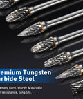 Double Cut Carbide Burr Set Ten Pieces With One Eighth Inch Shanks For Rotary Tools Perfect For Fine Detail Carving Engraving Drilling And Metalworking On Steel Aluminum Stone Marble And More Great For Woodworking Projects