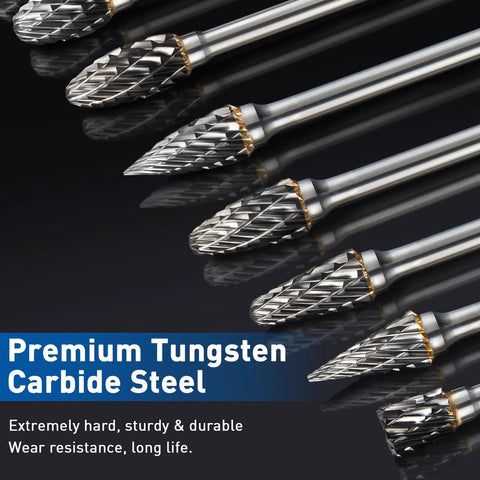 Double Cut Carbide Burr Set Ten Pieces With One Eighth Inch Shanks For Rotary Tools Perfect For Fine Detail Carving Engraving Drilling And Metalworking On Steel Aluminum Stone Marble And More Great For Woodworking Projects