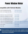 Compatibility chart for Ford Power Window Lift Motor Front Or Rear Driver Left Side For 1997 2004 F150 F250 F350 Expedition Navigator