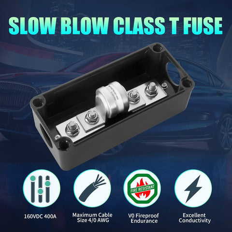 Beefy Heavy Duty Class T Fuse Block 400 Amp Fuse Holder With Slow Blow For Inverters And Car Audio Systems High Current DC Protection Automotive Electrical Upgrade For Safe Reliable Power Distribution