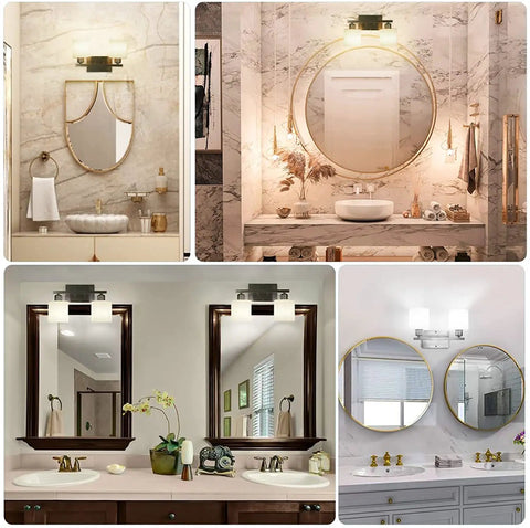 Dope Vanity Light Fixture Over Mirror in Brushed Nickel With Modern Two Light Wall Sconces in various bathroom settings