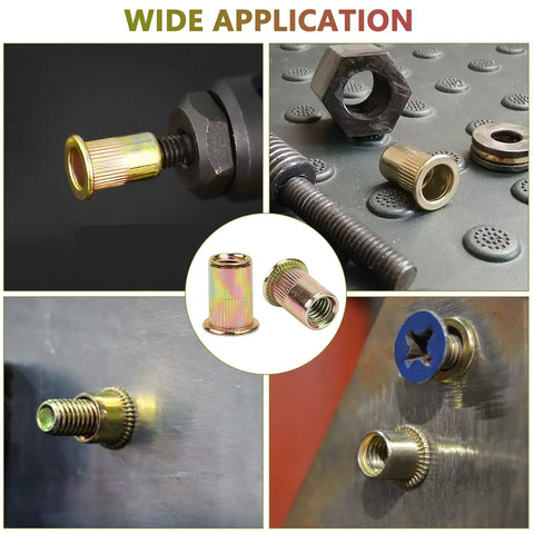 Image showing 100 Pack 5/16 Inch Rivet Nut Set 5/16-18 UNC Flat Head Rivnut Inserts, zinc yellow plated carbon steel in various applications