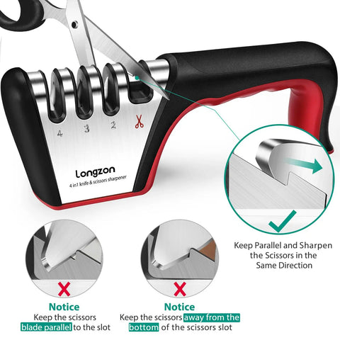 4 Stage Knife Sharpener For All Blades And Scissors With Cut Resistant Glove Fast Edge Restoration black and red handle