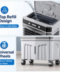 Top Notch Portable Evaporative Swamp Cooler Featuring Dual Side Cooling Pads And Generous Water Tank Delivers Heavy Duty Three Speed Rolling Fan with easy water refill design and universal wheels for mobility.