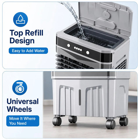 Top Notch Portable Evaporative Swamp Cooler Featuring Dual Side Cooling Pads And Generous Water Tank Delivers Heavy Duty Three Speed Rolling Fan with easy water refill design and universal wheels for mobility.