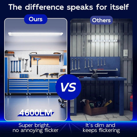 Comparison of Linkable 4 Ft LED Shop Light 44W Replacing 300W Fluorescent, 4600 Lumens 5000K Daylight White with competing light.