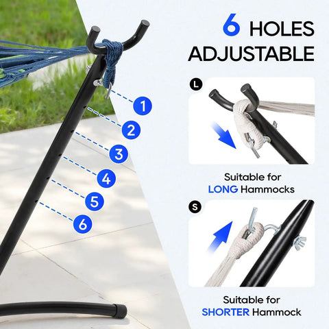 9 Foot Heavy Duty Portable Hammock Stand Steel Frame For Backyard Patio Or Indoor Use With Carrying Case No Hammock Included Easy Setup And Fully Adjustable Height For Tall Or Short Setups showing six adjustable holes for height customization