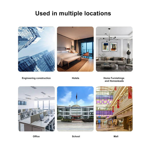 Collage showing multiple locations: engineering construction, hotels, home furnishings, office, school, and mall.