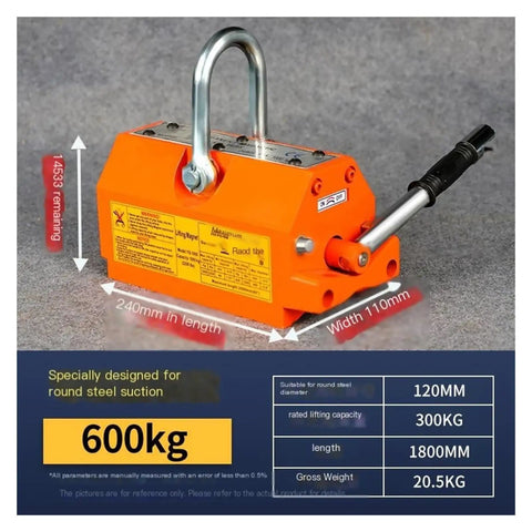 Rugged Permanent Magnetic Lifter With Insane Suction Cup Force Heavy Duty 600 Kilogram Steel Puller shown with dimensions and specs.