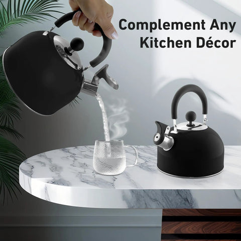 2 Quart Stainless Steel Whistling Tea Kettle For Stovetop No Fuss Quick Boil With Spill Proof Lid in black on kitchen counter