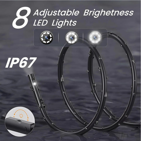 Dual Lens Endoscope Camera With Light And Eight Adjustable LED Lights, 1920x1440 HD Borescope, semi-rigid IP67 waterproof probe