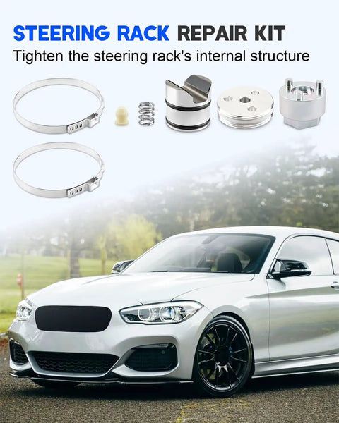 BMW Steering Rack Repair Kit for 1 Series F20 F21, components displayed with car