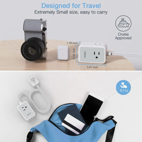 Ultra Slim Flat Plug Power Strip With USB Ports, Five Foot Extension Cord, Three AC Outlets And One USB C next to travel items.