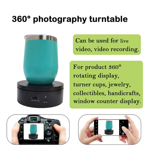 Black Motorized Rotating Display Stand, 360 Degree Automatic Silent Turntable For Epoxy Glitter Tumblers And Cups with teal tumbler.