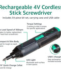 4V Cordless Rechargeable Stick Screwdriver With USB-C Charging, LED Work Light, 34-Piece Bit Set, Carry Case, Three Torque Settings