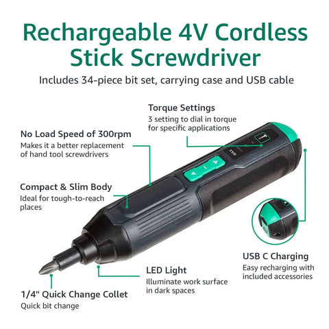 4V Cordless Rechargeable Stick Screwdriver With USB-C Charging, LED Work Light, 34-Piece Bit Set, Carry Case, Three Torque Settings