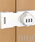 Heavy Duty Keyless Combo Lock With Three Digit Password For Cabinet Sliding Pantry Doors Easy White Finish showing lock on wood door