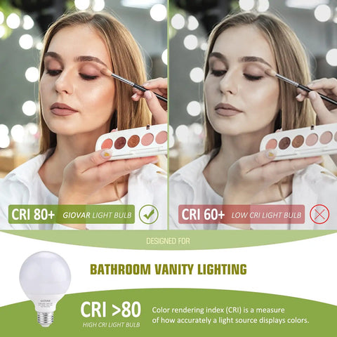 Comparison of makeup under 8 Pack G25 LED Globe Light Bulbs Daylight 5000K 120V 40W Equivalent Vanity Light Beams for Bathroom Mirror E26 Base Non Dimmable Bright White Glass Globe Lighting Upgrade, showing CRI differences.