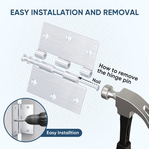 Diagram showing easy installation and removal of Six Pack Three And A Half Inch Door Hinges With Removable Pin Matte Black.