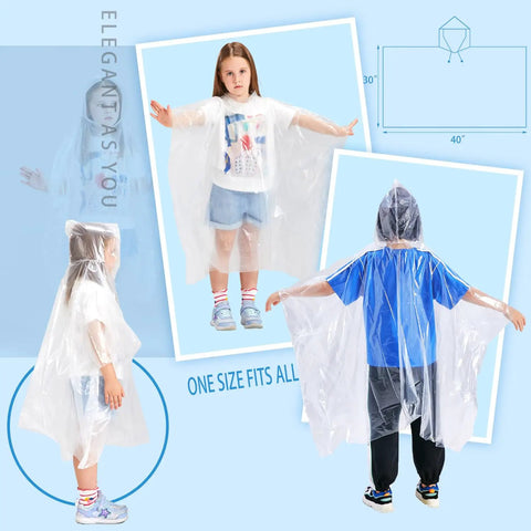 Children wearing Six Pack Kid Rain Ponchos Ultra Thick Disposable Hooded Rain Gear Clear Plastic Waterproof Emergency Ponchos