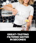 Person pouring water from a glass pitcher with Replacement Filter For Glass Pitcher 2 Pack With Four Hundred Percent Faster Filtering.