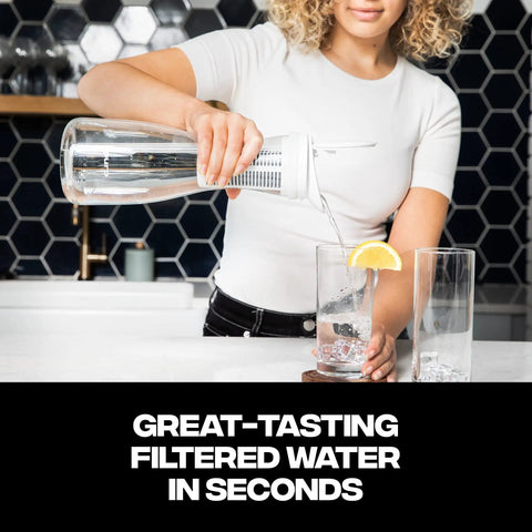 Person pouring water from a glass pitcher with Replacement Filter For Glass Pitcher 2 Pack With Four Hundred Percent Faster Filtering.