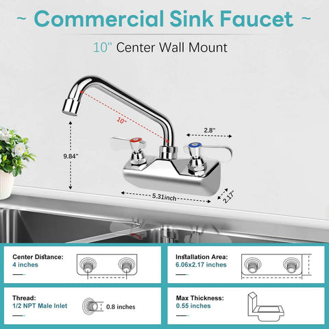 Leak Free Heavy Duty Commercial Kitchen Sink Faucet With 4 Inch Center And 10 Inch Swivel Spout Two Hole Wall Mount Brass Construction