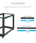 Built Tough 42U Four Post Open Frame Server Rack With 19 Inch Width And 22 To 40 Inch Adjustable Depth For Data Center Networks showing adjustable depths from 23 to 41 inches.