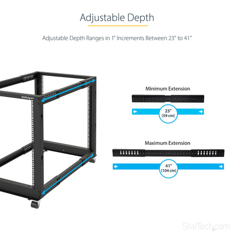 Built Tough 42U Four Post Open Frame Server Rack With 19 Inch Width And 22 To 40 Inch Adjustable Depth For Data Center Networks showing adjustable depths from 23 to 41 inches.