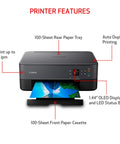 All In One Wireless Inkjet Printer Print Copy Scan With Alexa 1.44 Inch Oled Display showing features and paper trays in black.