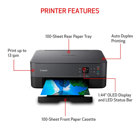 All In One Wireless Inkjet Printer Print Copy Scan With Alexa 1.44 Inch Oled Display showing features and paper trays in black.