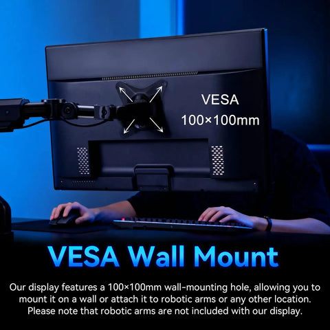 Back view of mounted 22 Inch FHD IPS Monitor With 75 Hz Refresh Rate AMD FreeSync Stunning 99 Percent sRGB And Ninety Percent DCI P3 Color Gamut HDMI Two Point Zero VGA VESA For Gaming And Office