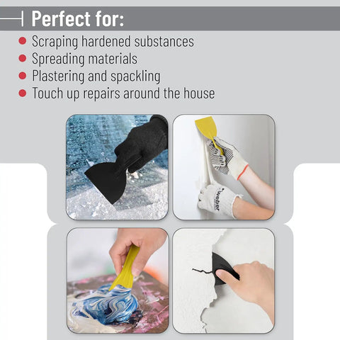 Six Piece Plastic Putty Knife Set With Black And Yellow Handles For Smooth Spackle, Paint Scrapers, And Spreading On Walls And Ceilings