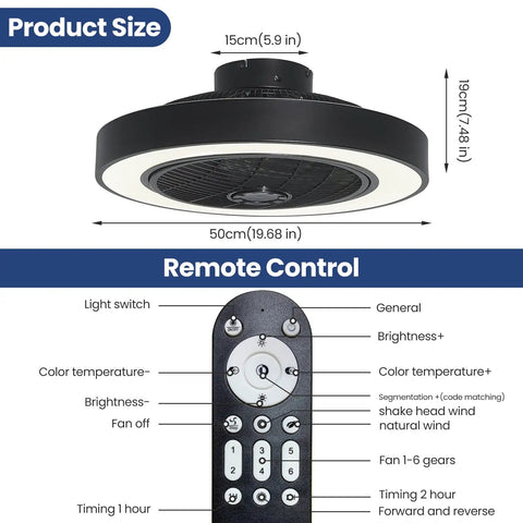 Diagram showing size and remote of Bladeless Ceiling Fan With Lights 20 Inch Enclosed Black Dimmable Remote For Dining Room And Bedroom Next Level Quiet Energy Efficient Air Circulation Modern Look