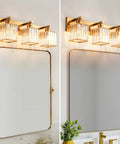 Three Light Gold Crystal Bathroom Vanity Light With Brushed Gold Finish Clear K9 Crystal Shades Modern Minimalist Wall Fixtures
