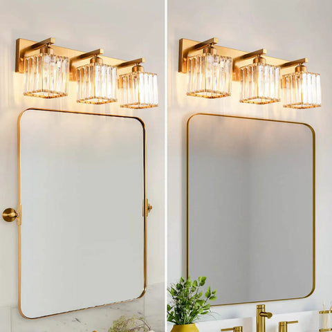 Three Light Gold Crystal Bathroom Vanity Light With Brushed Gold Finish Clear K9 Crystal Shades Modern Minimalist Wall Fixtures