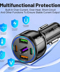 Upgraded Five Port Seventy Five Watt Car Charger Adapter With Ultra Fast Type C Plus Quick Charge showcasing safety features and ports.