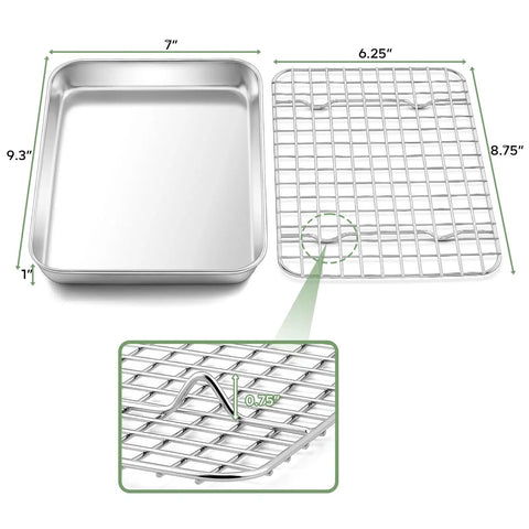 Toaster Oven Pan With Rack Set 9 Inch By 7 Inch By 1 Inch Stainless Steel Compact Baking Pan With Mini Cooling Grid Rack