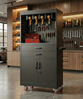 Mobile Tool Cart With Locking Wheels, Large Storage, Built In Outlet, Heavy Duty Rolling Workbench For Garage Or Workshop