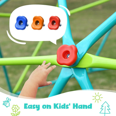 Child's hand on climbing hold of Climbing Dome Swing Set With Saucer Swing For Kids Outdoor Backyard Playground 800 Pound Capacity Rust Resistant Easy Assembly Jungle Gym For Ages 3 8 12 Kid Tested Family Fun.