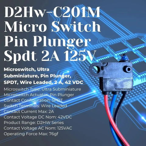 Kickass Ultra Subminiature Micro Switch Featuring A Pin Plunger Actuator And SPDT Layout, compact size with wire leads and 2A 125V specification.