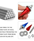 Premium Aluminum Spike License Plate Screws And Anti Theft Bolts Set With Heavy Duty Security Hardware For Car Truck Motorcycle Builds Hella Secure Green Fasteners To Lock Down Your Ride Today, featuring red and blue spike bolts and hardware.
