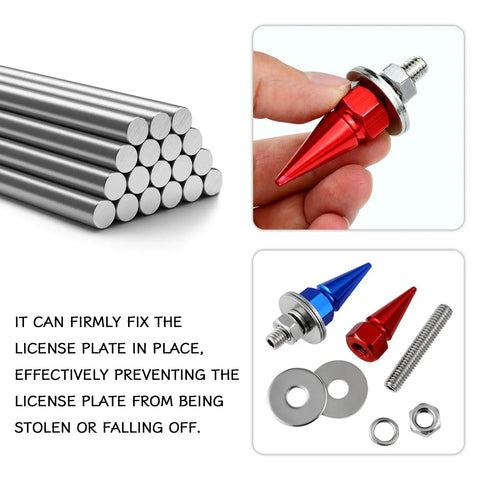 Premium Aluminum Spike License Plate Screws And Anti Theft Bolts Set With Heavy Duty Security Hardware For Car Truck Motorcycle Builds Hella Secure Green Fasteners To Lock Down Your Ride Today, featuring red and blue spike bolts and hardware.