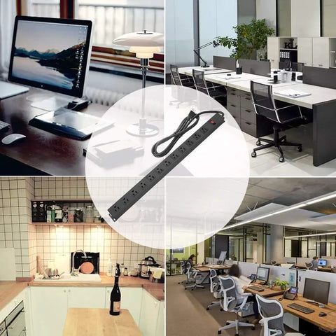 Long 12 Outlet Power Strip Surge Protector With 6 Foot Cord And 1200 Joules Of Surge Protection, Wide Spaced Outlets For Big Plugs, Perfect For Your Home Office Setup, Entertainment Center Or Workshop, Black on office desk