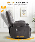Relax In A 360 Swivel Rocker Recliner With Massage And Heat, showing side profile, gray fabric, 30° rock, living room setup.