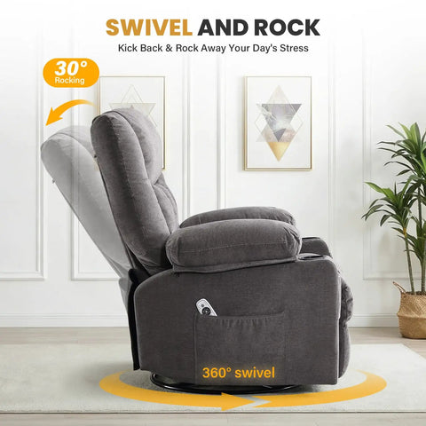 Relax In A 360 Swivel Rocker Recliner With Massage And Heat, showing side profile, gray fabric, 30° rock, living room setup.
