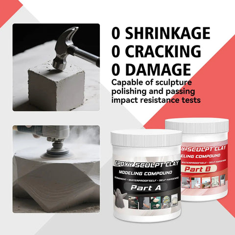Epoxy Sculpt Clay 2 Part Putty For Modeling And Repairing Self Hardening Epoxy Clay In Natural Color One Pound set showing Part A and Part B jars with text highlighting impact resistance and zero shrinkage.