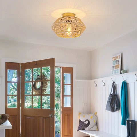 Cozy Boho Rattan Ceiling Light With Handwoven Cage Shade 12.6 Inch Coastal Semi Flush Mount For Bedroom Hallway Nursery Foyer