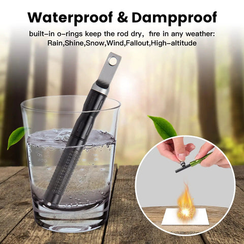Image showing Three Pack Ferro Rod Fire Starters With Scraper Striker submerged in water and in use to ignite fire, highlighting waterproof feature.