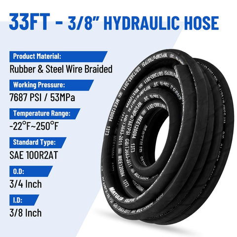 Beefed Up 3/8 Inch Hydraulic Hose Kit, 33 Ft With 16 Fittings Including JIC Female, NPTF Male And JIC 90 Degree Elbow, SAE 100 R2AT 2 Wire Braided Hydraulic Tube, High Pressure Up To 7687 PSI